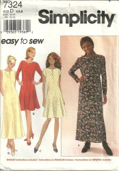 7324 SIMPLICITY EZ PULLOVER FLARE BACK TIE DRESS LENGTHS SLEEVES OR NOT PATTERN 4-8